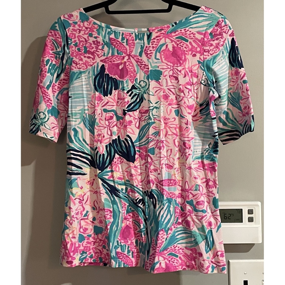 Lilly Pulitzer Top Tropical Floral Short Sleeve Pima Cotton Stretch Keyhole XS